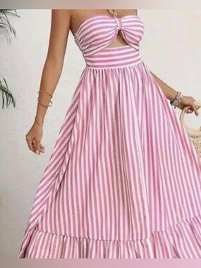 Tessora 100% Cotton Pink White Striped Preppy Cut Out Halter Maxi Dress Small